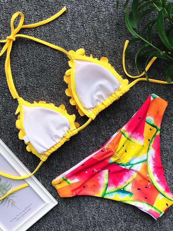 Plain Triangle Top With Printed Panty Bikini Set