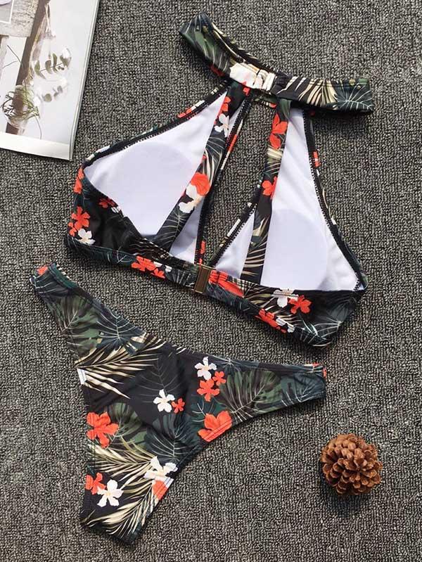 Halter Hollow Floral Bikini Swimsuit