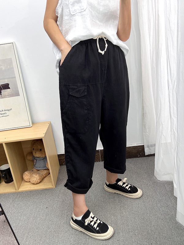 Simple Casual Loose Ramie Cotton Solid Color Drawstring Harem Pants