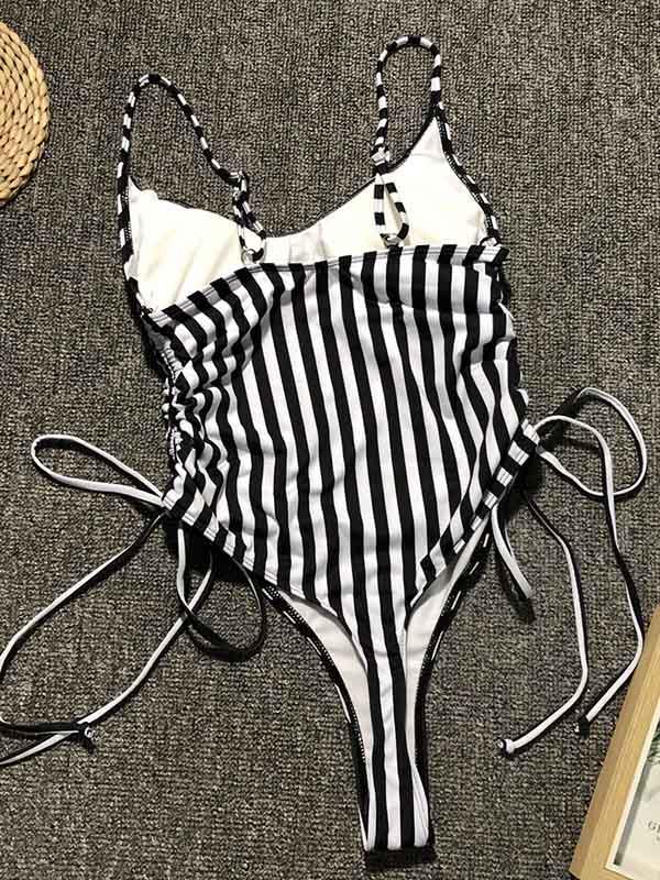 Ruched Lace Up One Piece Swimsuit