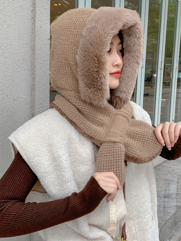 Casual Warm Solid Color With Scarf Knitted Hat