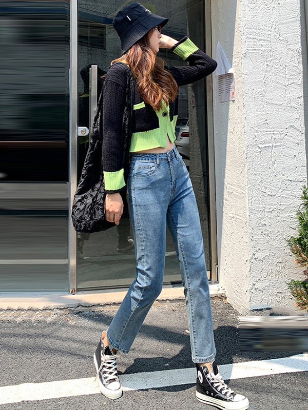 Simple Loose High Waisted Jean Cropped Pants Bottoms