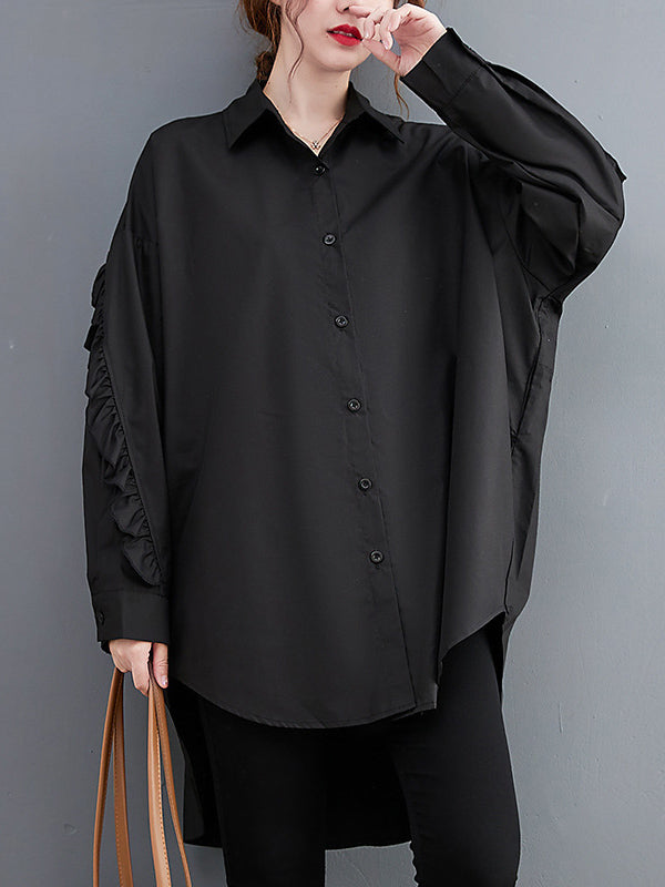 Stylish Loose Solid Color Split-Joint Falbala High-Low Lapel Collar Long Sleeves Blouse