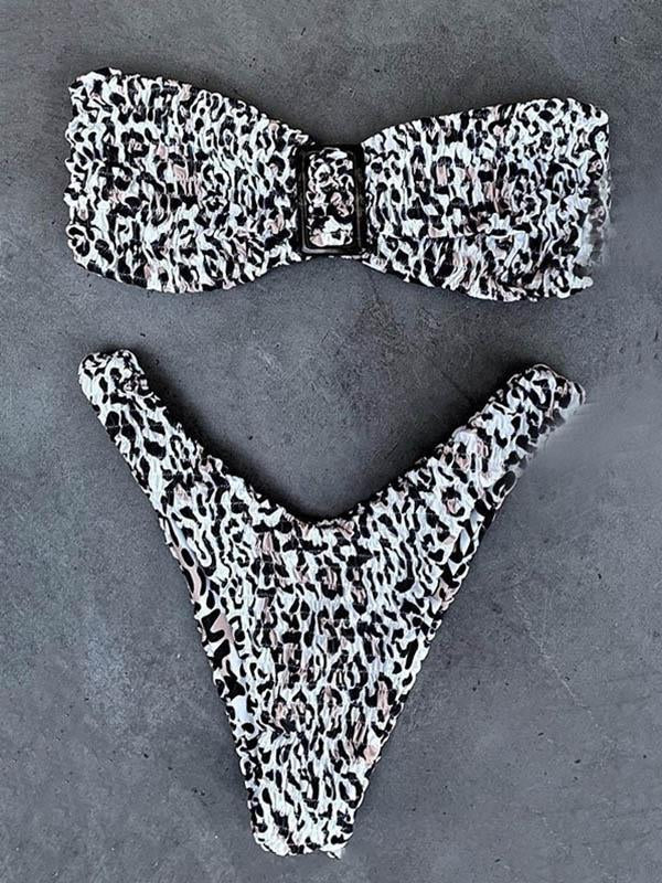 Leopard Print Embellished Bandeau Split Bikini Swimsuit