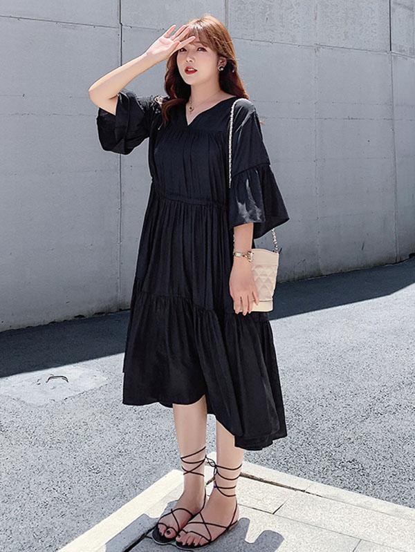 Loose Flared Sleeves Solid Layeres Dress