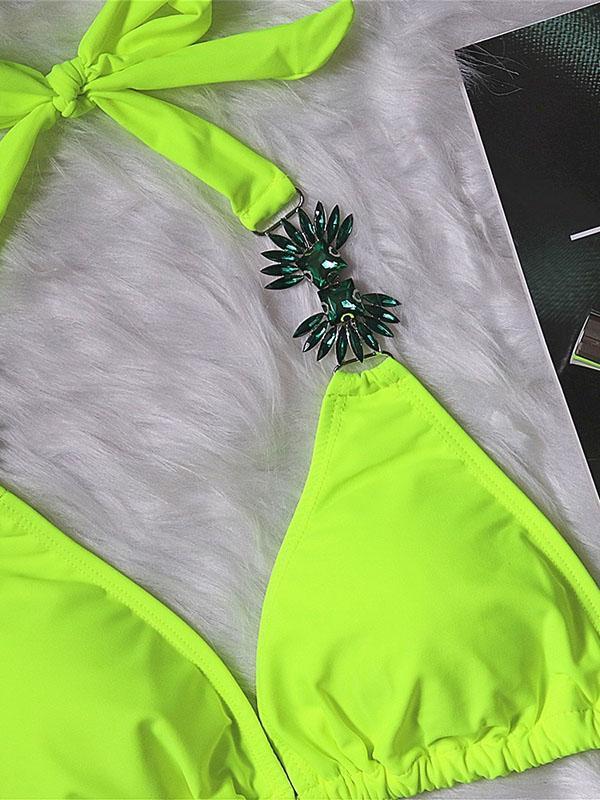 Gorgeous Embellished Solid Color Triangles Knotted Split Bikini Swimsuit