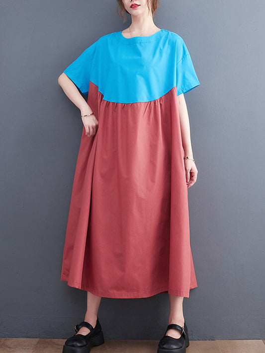 Original Loose Contrast Color Pleated Midi Dress