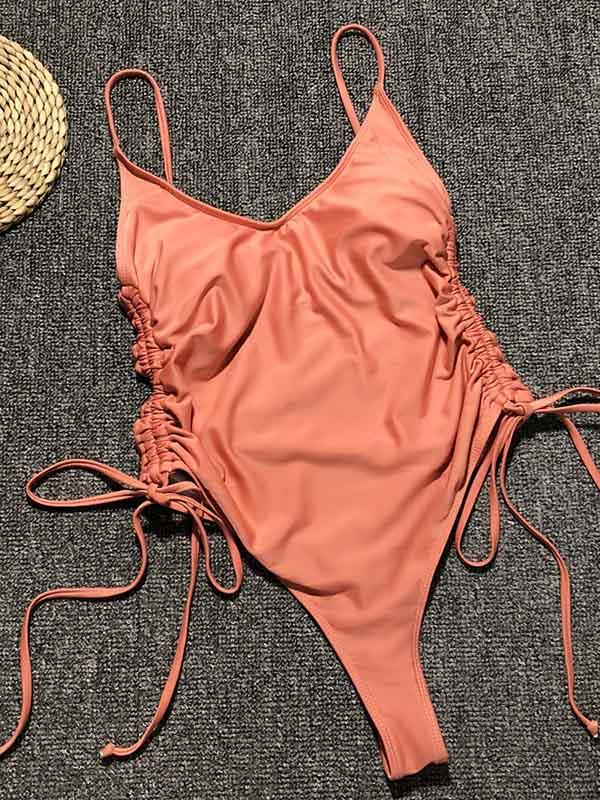 Ruched Lace Up One Piece Swimsuit