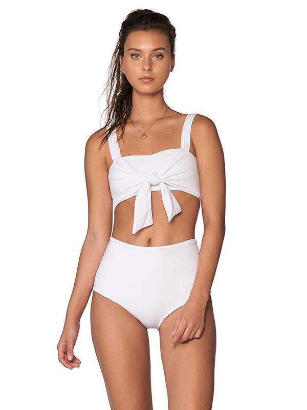 Plunge Neck Top With High Cut Bikini Set