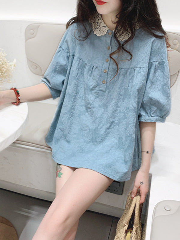 Casual Lace Ramie Cotton Embroidered Split-Joint Round Neck T-Shirt