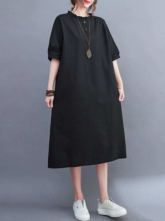 Simple Casual Artistic Retro Loose Solid Color Falbala Ramie Cotton Midi Dress