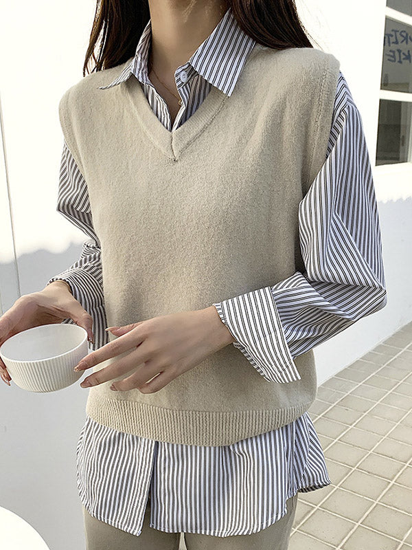 Simple Striped Buttoned Lapel High-Low Long Sleeves Blouse Tops