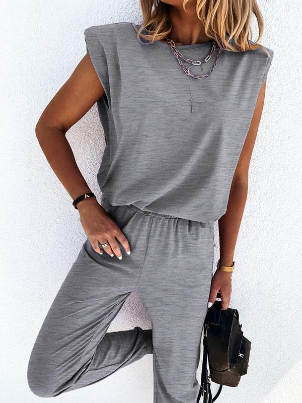 Casual Solid Color Shoulder Pad Tees&Pants Suits