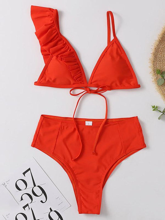 Asymmetric One-Shoulder Solid Color Split Bikini Swimsuit