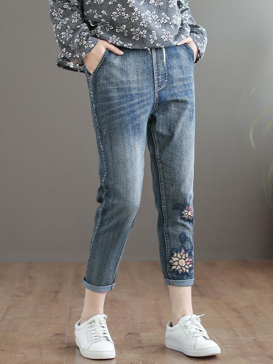 Embroidered Strap Elastic National Jeans Bottom