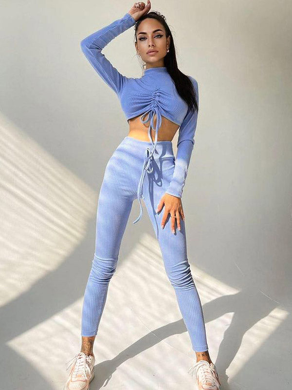 Solid Color Long Sleeves Drawstring Tee&Legging Stylish Suits - kailaple