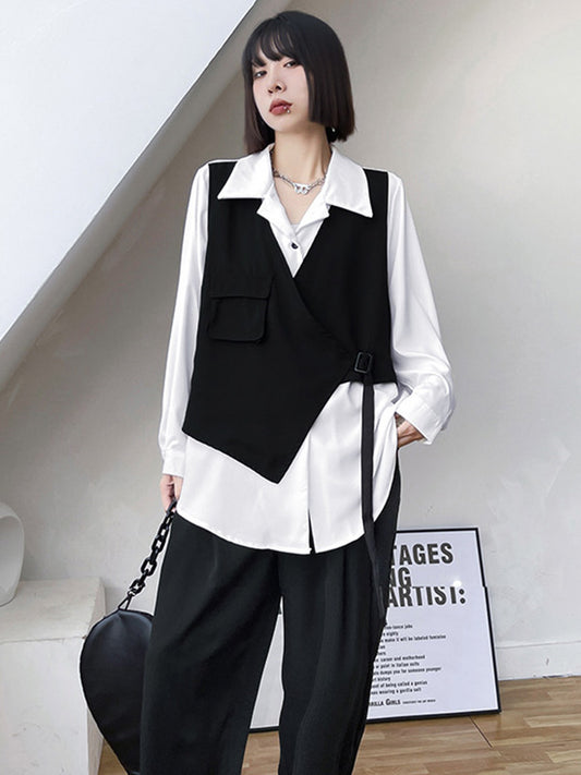 Original Stylish Loose Irregular Cropped Tied Buttoned Lapel Collar Long Sleeves False Two Blouse&Wide Legs Pants 2 Pieces Set