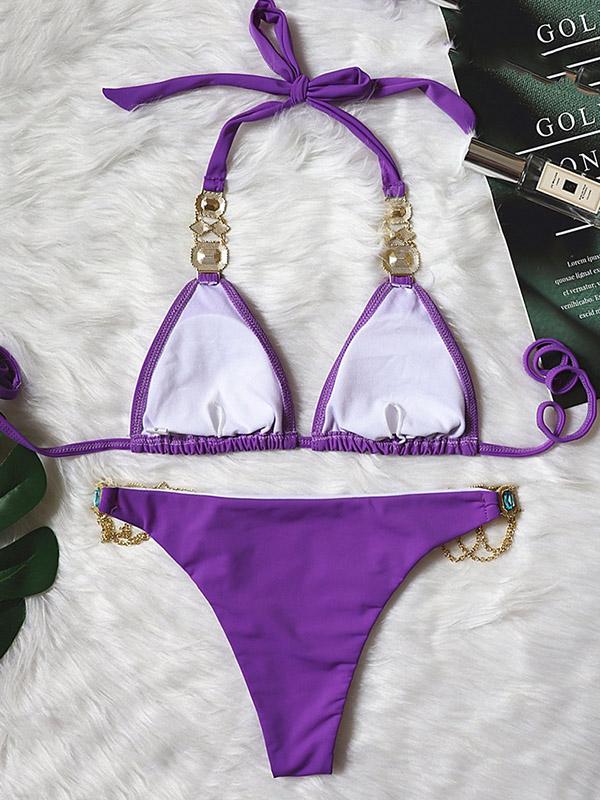 Gorgeous Embellished Triangles Halterneck Split Bikini Swimsuit