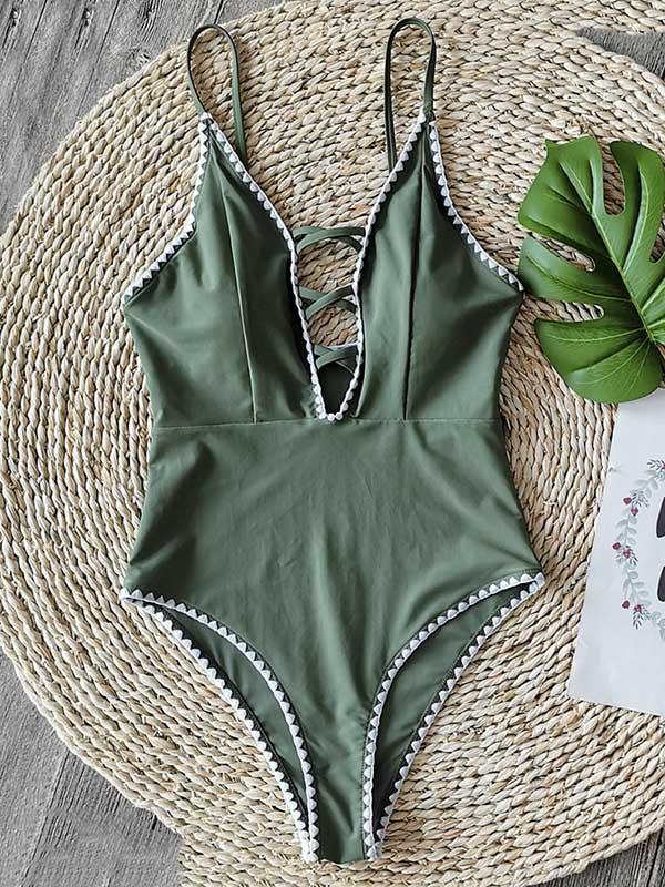 Solid Color Crochet-Knit One-Piece Swimwear