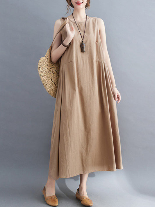 Simple Casual Loose Solid Color Pleated Midi Dress