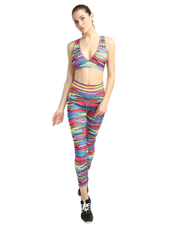 Wave Printed Bralette Bra And Leggings Suits