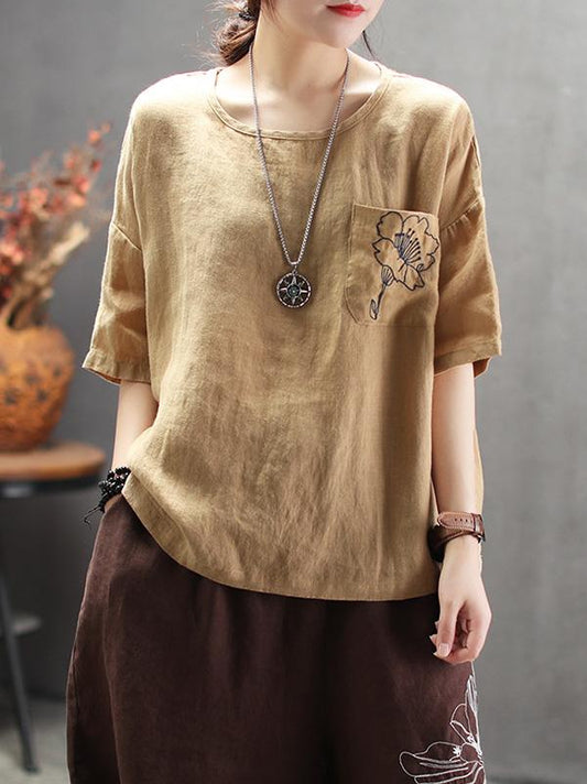 Vintage Embroidered Round-neck Solid T-shirt