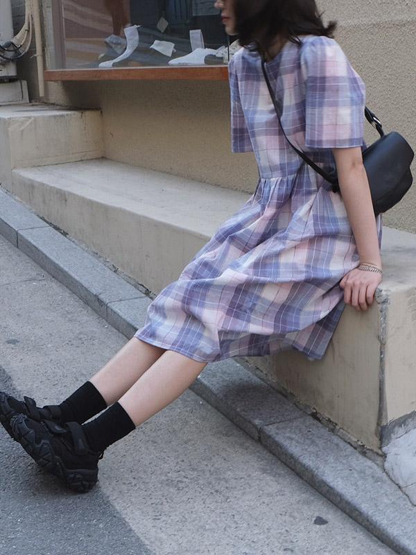 Vintage Plaid Puff Sleeves Dress