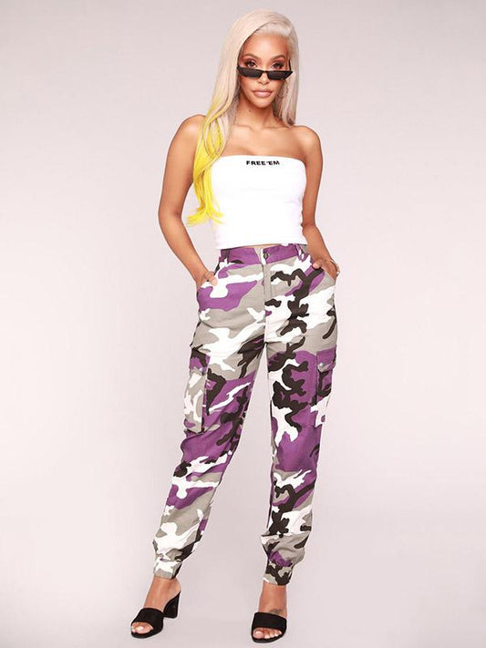 Plus Size Purple Camouflage Printed Track Pants