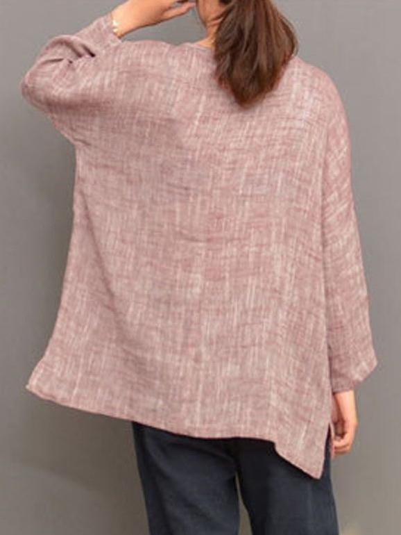 Loose Linen Round-neck Split-joint Long Sleeves T-shirt