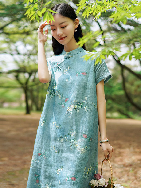 Vintage Ramie Cotton Floral Printed Stand Collar Split-Side Short Sleeves Dress Long Cheongsam