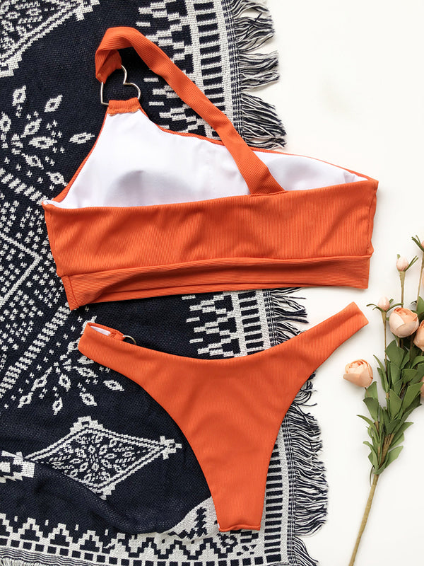 Beach Orange Padded Heart Hollow Bikini Swimsuit