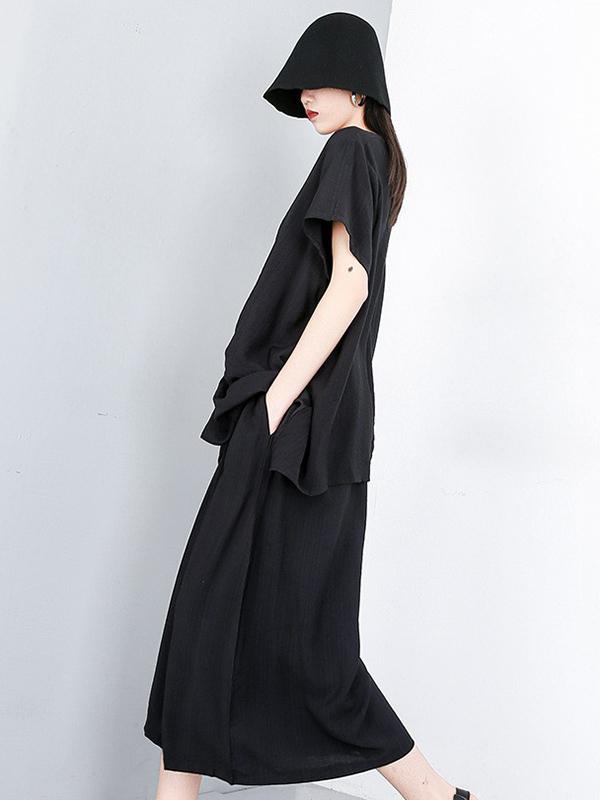 Asymmetric Ruffled Solid Tops + Wide Leg Pants Suit