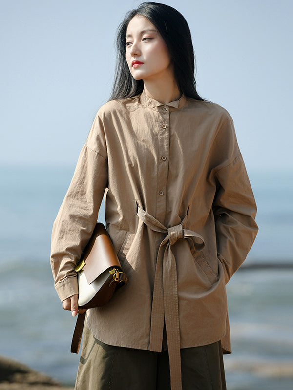 Artistic Retro Loose Long Sleeves Buttoned Tied Solid Color Stand Collar Blouses&Shirts Tops