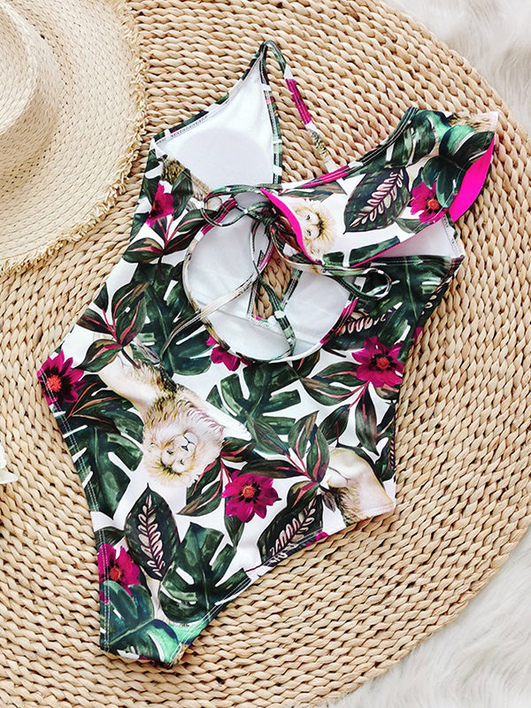 Floral Lion Print Falbala One Shoulder One-Piece Swimsuit