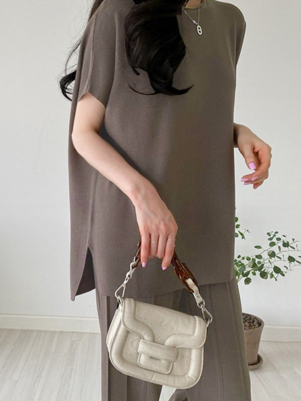 Casual Solid Color Split-Side Round-Neck Batwing Short Sleeves T-Shirt+Pleated Wide Leg Pants 2 Pieces Set