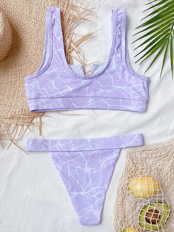 Chinese Style Printing U-Neck Split Bikini Swimsuit