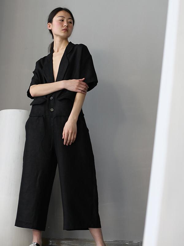 Urban Black Deep V-neck Lapel Suit Jumpsuit