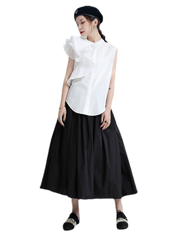 Urban Solid Color Split-Joint Mesh Pleated A-Line Skirt