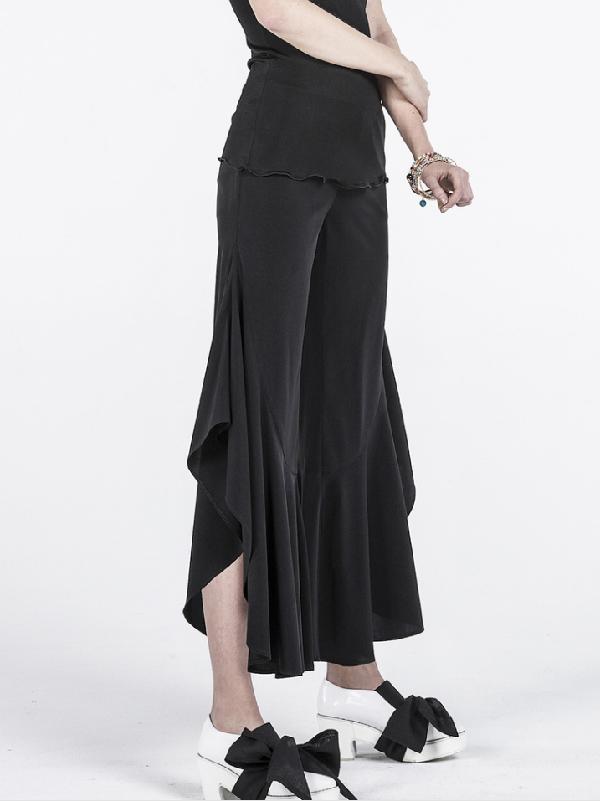 Black Falbala Split-joint Wide-leg Pants