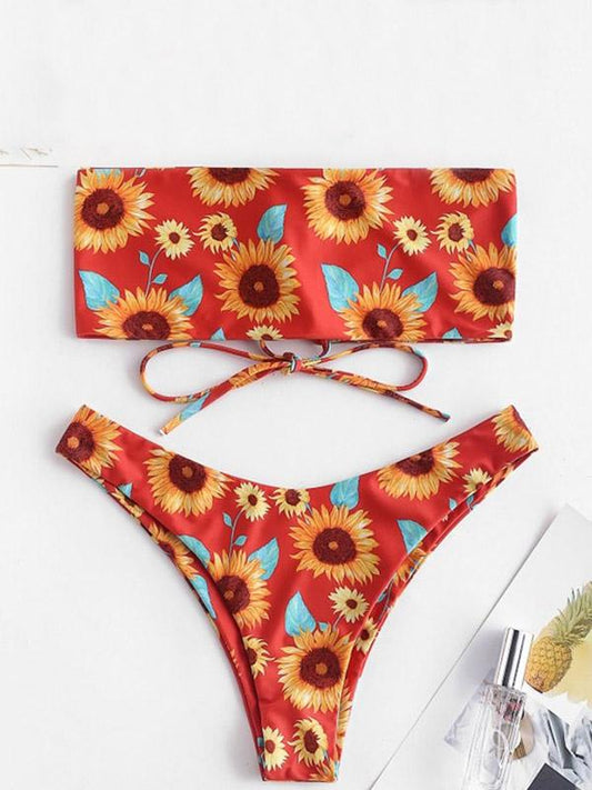 Floral-Print Bandage Bandeau Split Bikini Swimsuit