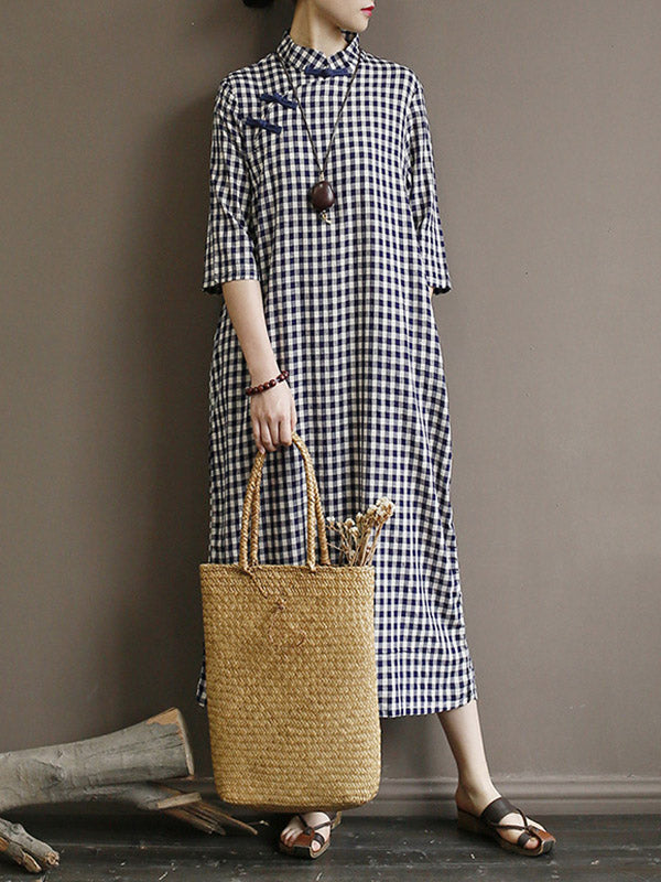 Original Plaid Half Sleeve Stand Collar Long Cheongsams