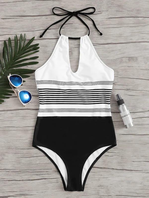 Halter-neck Striped One-piece Swimwear