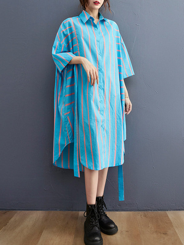 Stylish Striped Tied Buttoned Half Sleeves Lapel Collar Loose Midi Shirt Dress