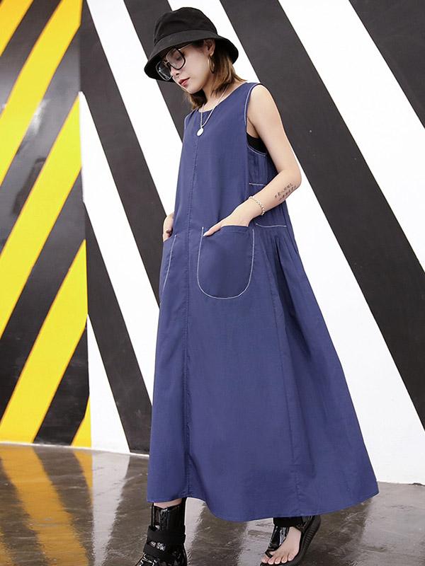 Loose Blue Big Pocket Vest Long Dress