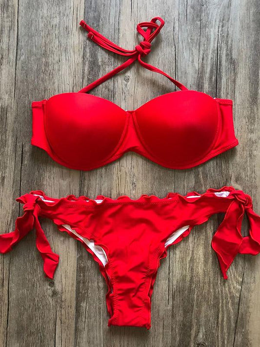 Solid Color Ruffled Knotted Split Bikini Swimsuit