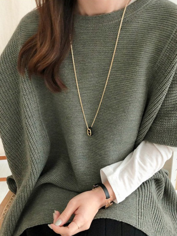 Casual Solid Color Round-Neck Half Sleeves Knitted Sweater Cape Top