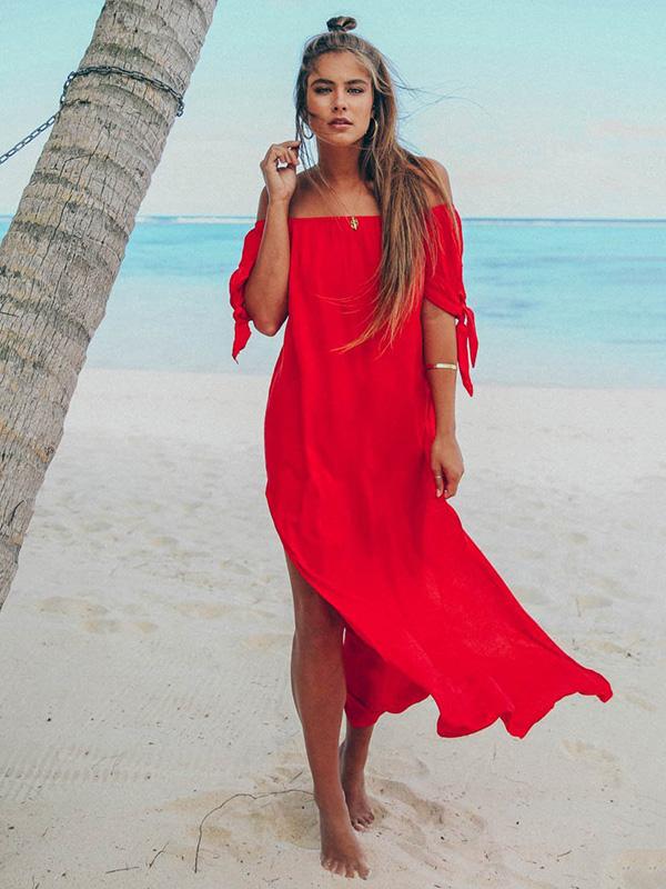 Off Shoulder Split-side Solid Beach Maxi Dresses