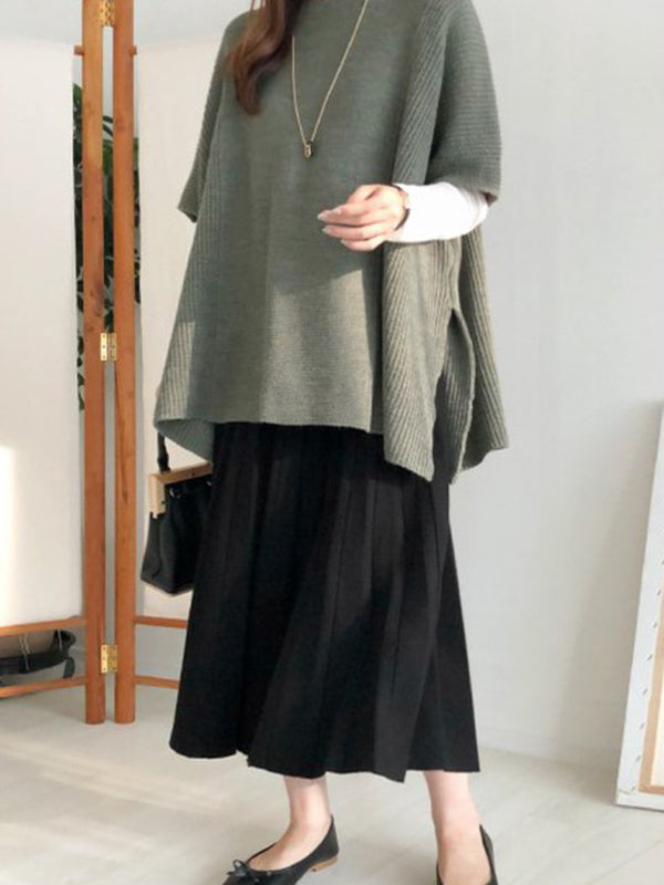 Casual Solid Color Round-Neck Half Sleeves Knitted Sweater Cape Top