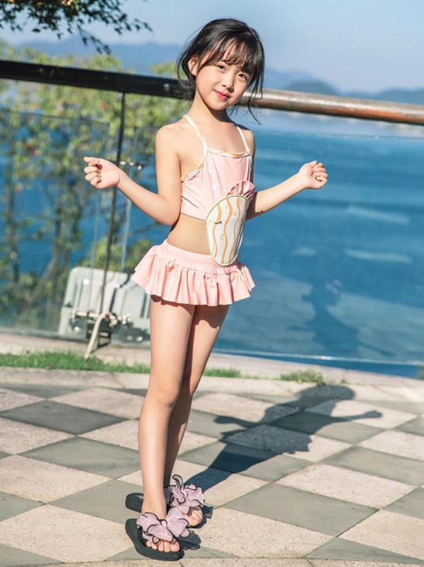 AONIHUA Solid Pink Sweet Girl Dress Swimwear