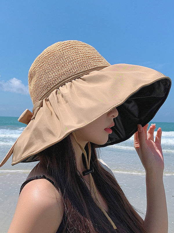 Vacation Weave Bow-Embellished Sun Protection Caps